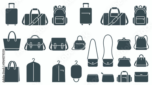 Collection of various luggage and bag silhouette icons including suitcase backpack briefcase and tote bag on white background, concept for travel equipment, retail business and fashion industry