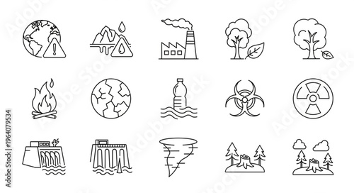 Collection of environmental disaster icons depicting pollution and natural disasters.