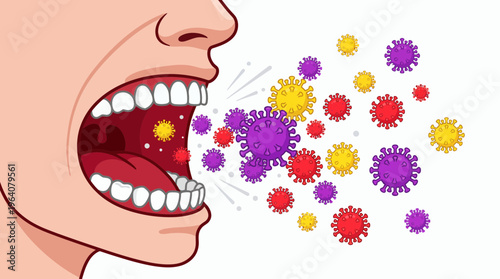 profile of marketing manager's open mouth coughing out colorful virus particles and bacteria droplets on white background, concept for workplace illness, health safety and disease transmission