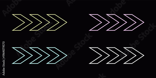 Arrow neon on brick wall. Realistic shining signboard. Glowing neon arrow pointer on brick wall background. Retro signboard with bright neon tubes. Color neon banner. Night bright advertising.