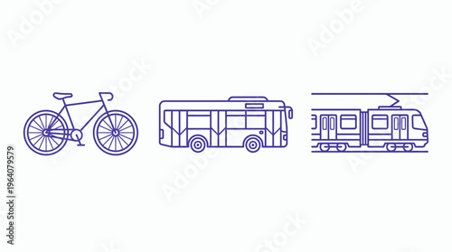 Minimalist line art icons of a bicycle, public transport bus and electric train isolated on white background, concept for urban mobility planning, sustainable transportation and travel infographics