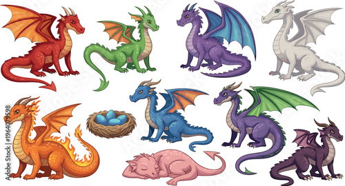 Fantasy dragons cartoon vector set colorful mythical creatures collection fire breathing winged beasts illustration isolated design elements