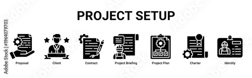 Project Setup web banner icon vector illustration with icons of Proposal,Client,Contract,Project Briefing,Project Plan,Charter and Identity