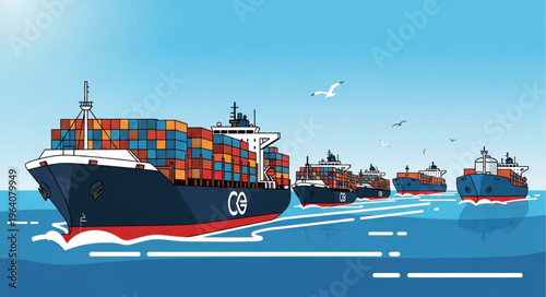 Cargo Ships Sailing on the Ocean - A Fleet of Container Vessels in Transit.