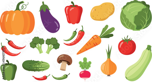 Flat style vegetables collection with pumpkin eggplant pepper carrot cabbage fresh organic food healthy cooking vector illustration set