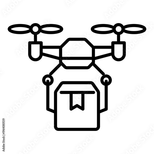 Delivery drone icon carrying a package. Minimalist line vector for autonomous shipping, future technology, and contactless air delivery.