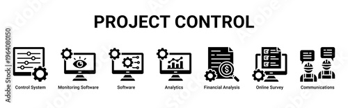 Project Control web banner icon vector illustration with icons of Control System,Monitoring Software,Software,Analytics,Financial Analysis,Online Survey and Communications