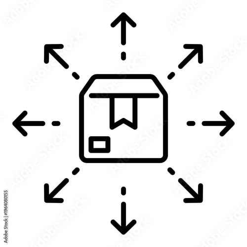 Logistics distribution icon showing a package with outward arrows. Vector symbol for supply chain management, shipping network, and global delivery