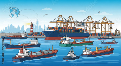 Busy Port Scene with Cargo Ships and Cranes Illustration.