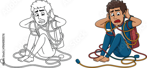 A cartoon illustration of men sitting on the ground with earbuds and cables around them looking stressed