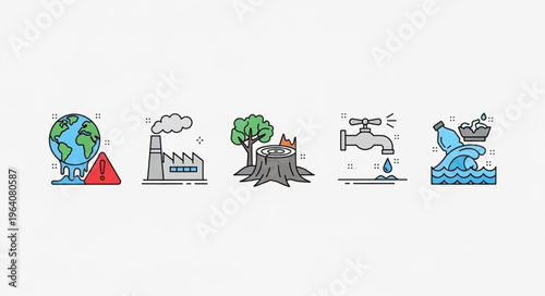 Illustrations depicting environmental issues - global warming, pollution, deforestation, water scarcity, and ocean plastic.