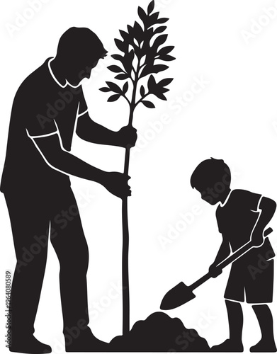 Man and boy planting a tree.