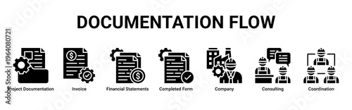 Documentation Flow web banner icon vector illustration with icons of Project Documentation,Invoice,Financial Statements,Completed Form,Company,Consulting and Coordination