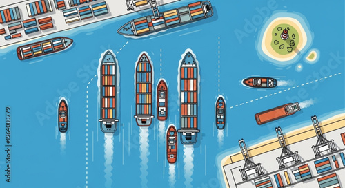 Container Ships at Sea - A Busy Maritime Scene.
