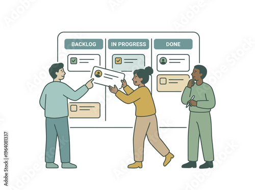 Team Discussion in Front of Kanban Board