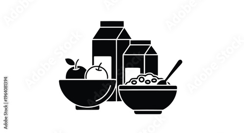Vector illustration of breakfast icon with milk cartons, a bowl of fruit and a bowl of cereal