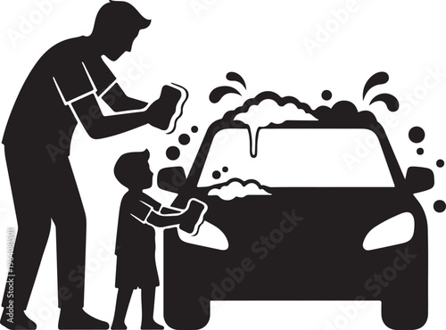 Man and boy washing a car.