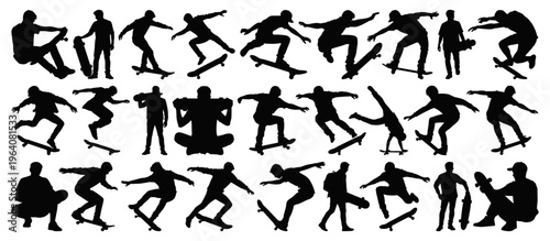 Man Skateboarder Silhouette Set Performing Tricks and Stunts Isolated on Transparent Background