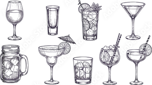 Vintage hand drawn cocktail glasses collection sketch style bar drinks illustration detailed glassware set isolated design elements