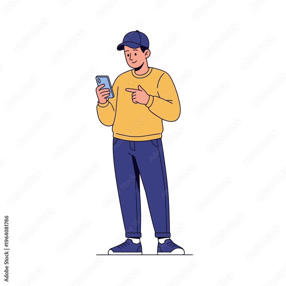 Obraz premium Illustration Young Man Character Pose Set with Smartphone