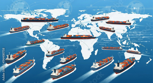 Global Shipping Network - Container Ships Traversing the Worlds Oceans.