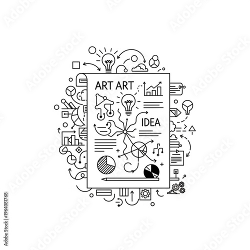 A vector graphic illustration of a notebook surrounded by creative symbols and icons representing art and ideas