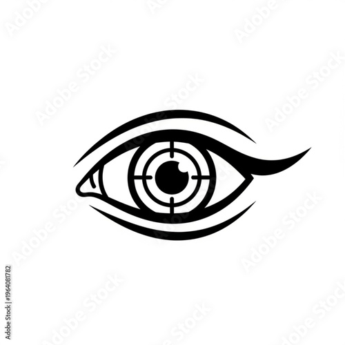 A black and white vector graphic illustration of an eye with a target in the center