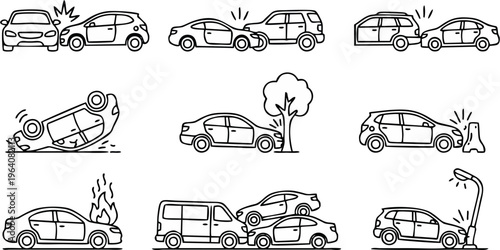 Car Accident Icon Set with Collision, Rollover, Tree Crash, Burning Car and Multi Vehicle Pileup Outline Vector Illustration