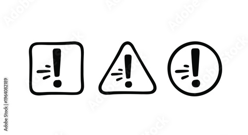 Vector illustration of hand drawn exclamation mark icons set in square, triangle and circle shapes