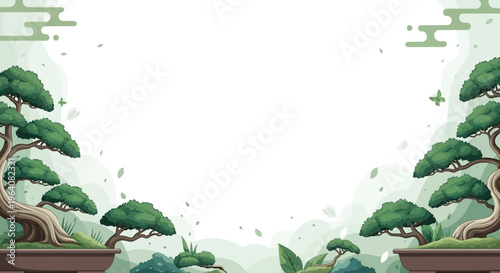 Pixel Art Bonsai Trees in Serene Garden with Green Mist and Butterflies