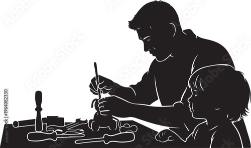 Man and child woodworking together.