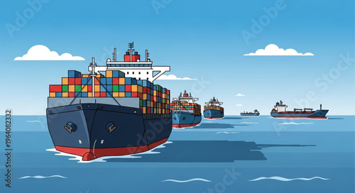Container Ships Sailing on the Ocean on a Sunny Day.