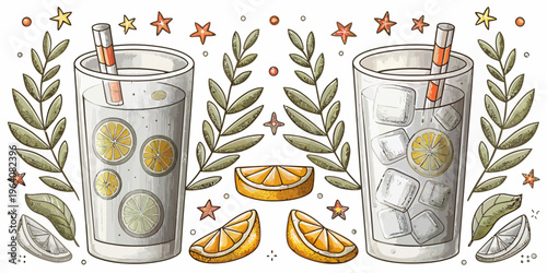 A colorful vector illustration of two glasses of refreshing lemonade with straws, surrounded by leaves, stars, and citrus slices.