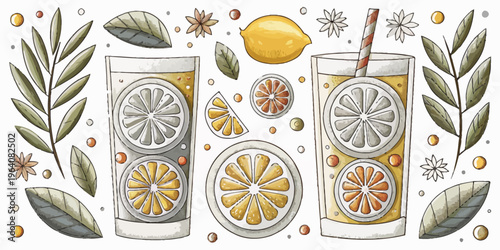 A vector illustration of refreshing drinks with lemon slices and leaves on a white background