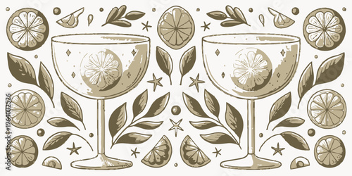 A vintage-style illustration of two wine glasses surrounded by lemons and leaves in a flat, minimalist design