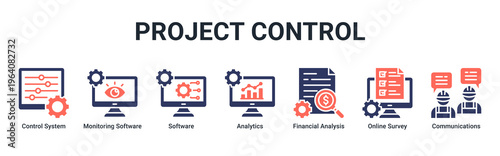 Project Control web banner icon vector illustration with icons of Control System,Monitoring Software,Software,Analytics,Financial Analysis,Online Survey and Communications