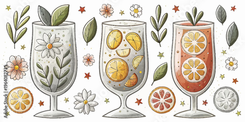 A colorful illustration of three glasses of lemonade with flowers and leaves