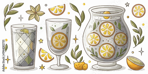 A colorful vector illustration of glasses and a vase filled with lemon slices and leaves on a white background