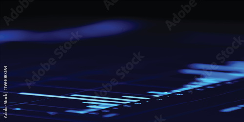 A glowing blue electronic circuit board with a digital processor features flowing motion lines and a dark purple wave pattern design for a high-tech wallpaper backdrop