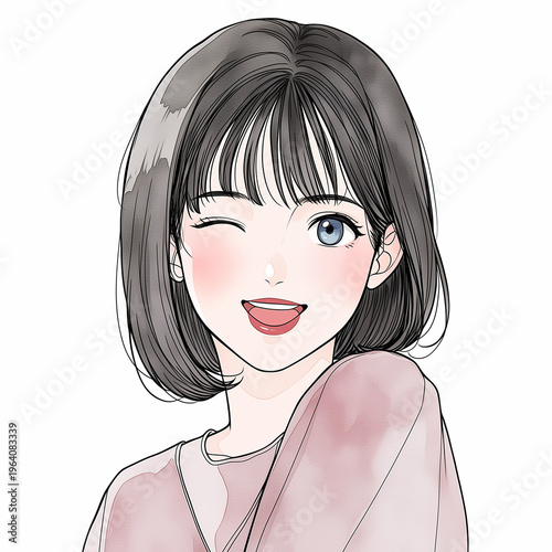 黒髪女子のカジュアルファッションイラスト, Generative AI