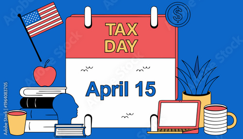 Tax deadline day concept with alarm clock and April 15 calendar page deadline stress time management 
