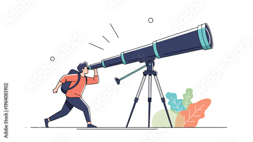 Adventurous man with a backpack looking through a massive telescope while searching for a future destination.