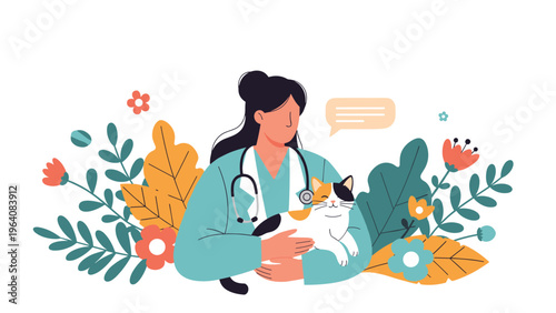 Professional female veterinarian wearing a stethoscope and holding a calico cat in a stylized floral background.