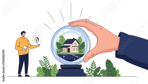 Large hand touching a crystal ball containing a cozy house as a man looks on, symbolizing real estate predictions.