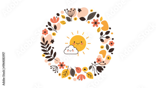 Circular wreath made of autumn leaves and flowers surrounding a smiling sun and a small happy cloud in the center.
