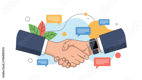 Professional handshake between two businessmen against a background of speech bubbles, leaves, and abstract shapes.