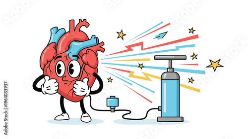 Anthropomorphic human heart character with a smiling face and thumbs up being inflated with energy by a blue pump.