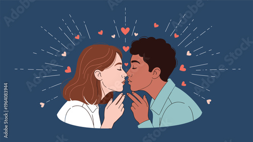 Romantic couple about to kiss on a dark blue background with small hearts and light rays emanating from the center.