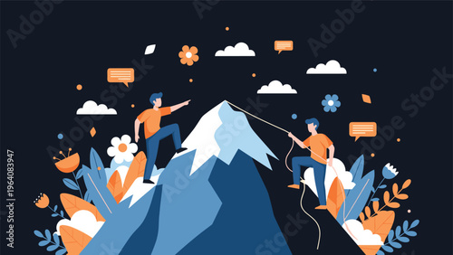 Two people helping each other climb a high mountain peak at night under a starry sky with clouds and flowers.