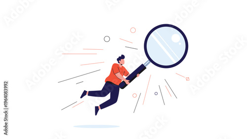 Determined man flying through the air while holding onto a massive magnifying glass for deep research.